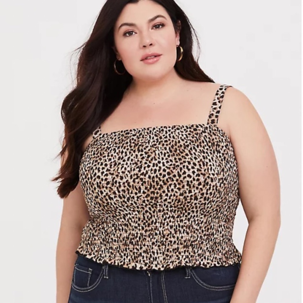 Torrid Animal Leopard Print Challis Smocked Crop Tank Top Cami Shirt Camisole